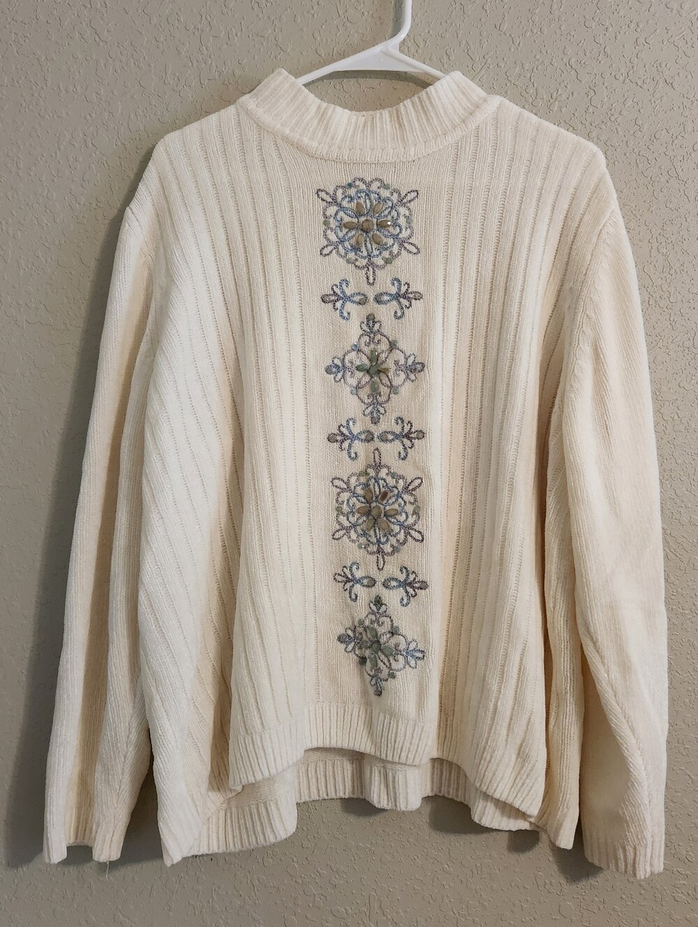 Vintage Alfred Dunner Chunky Knit Sweater Womens 1X Cream Embroidered Grandma